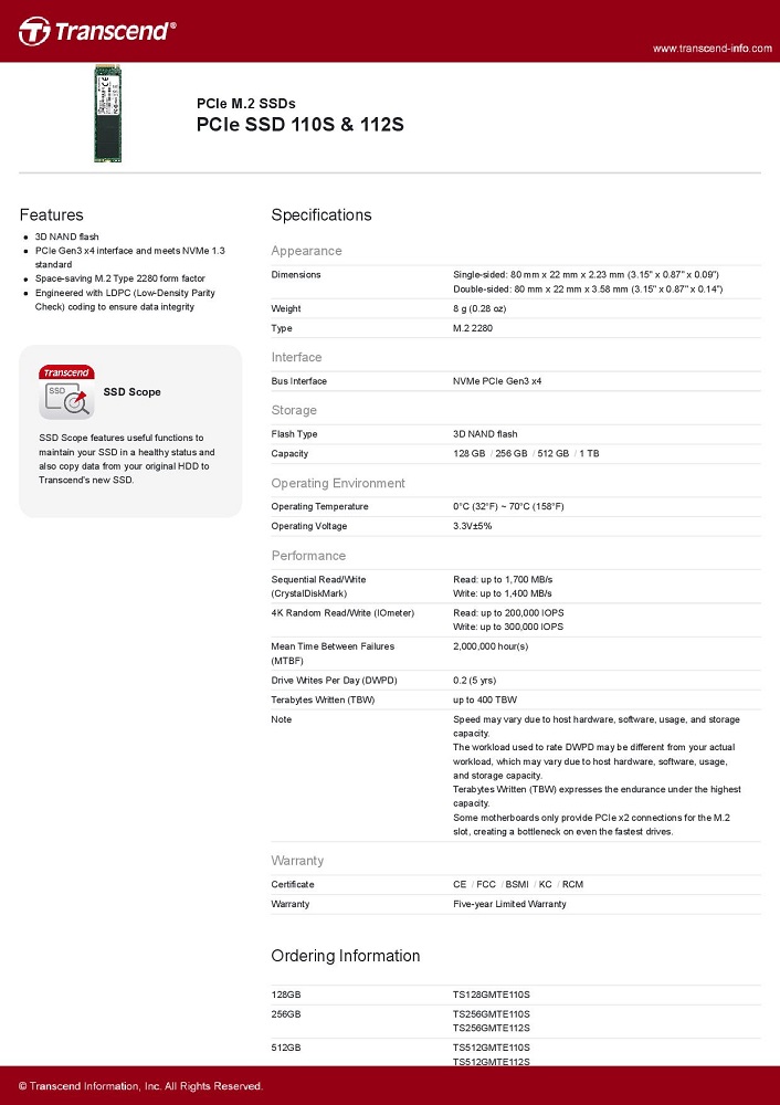 PCIe SSD 110S & 112S  PCIe M.2 SSDs - Transcend Information, Inc.