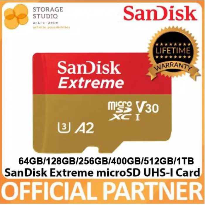 SanDisk Extreme microSDXC,64GB, V30, U3, C10, A2, UHS- I, 160MB/s R, 60MB/s  W, 4x6, Lifetime Limited, 1TB / 512GB / 400GB / 256GB / 128GB / 64GB.